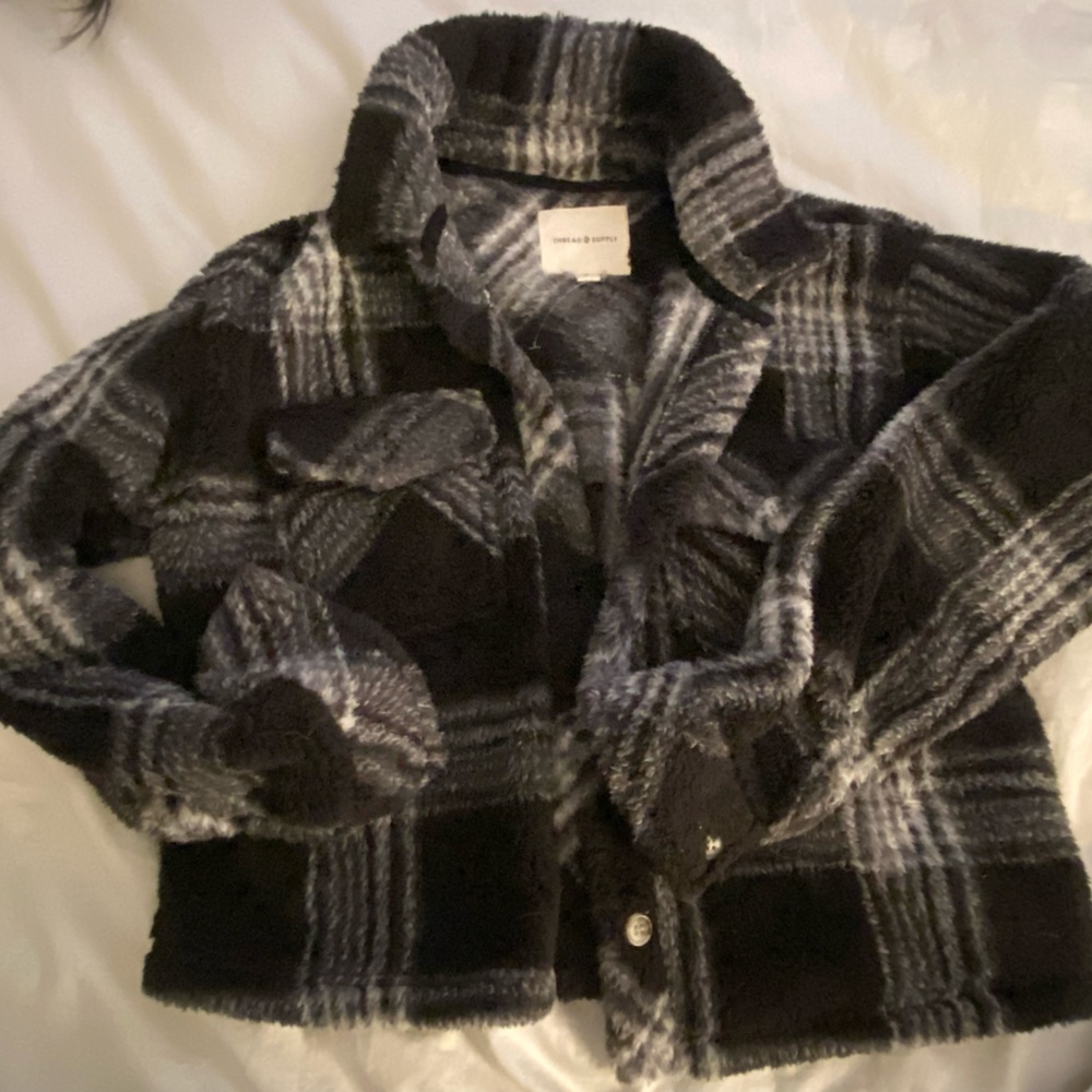 woman’s Plaid jackets and Sherpa white jacket and sweater